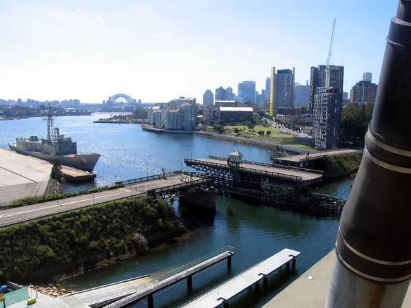 View across the old Glebe Island bridge towards the Sydney Harbour Bridge